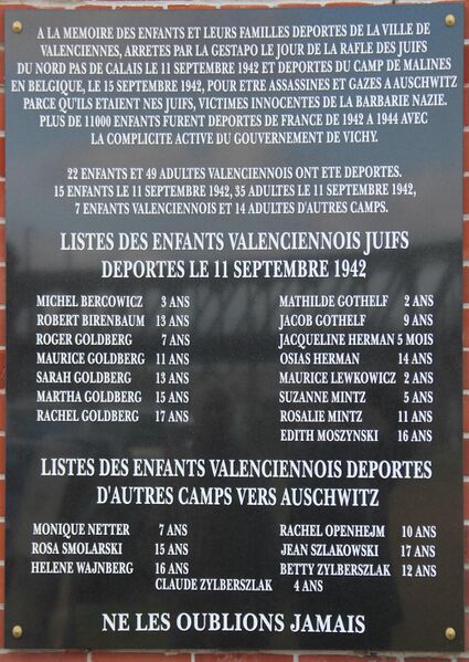 Fichier:Valenciennes-Plaque commemorative 11-09-1942.jpg